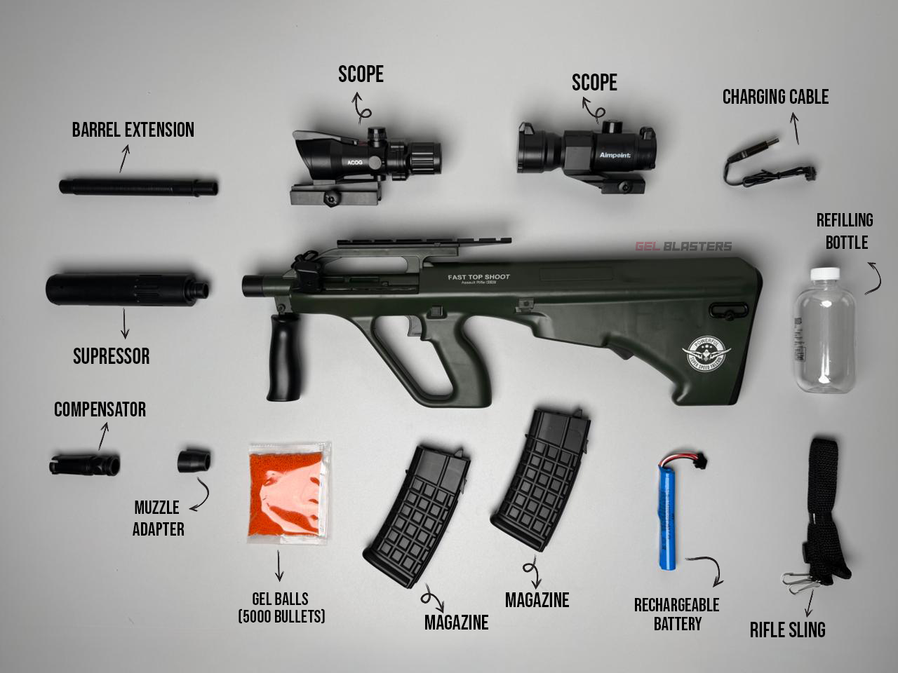 AUG Military Green Gel Blaster Toy Gun